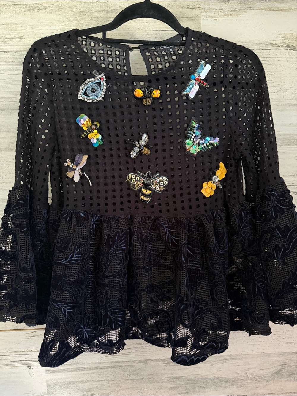 Dor Dor Couture Black Embellished Lace Peplum Tunic - Women